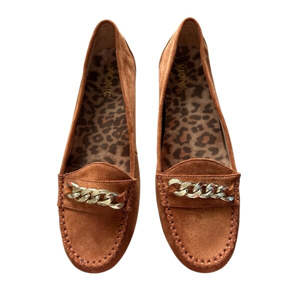 Vionic Mesa Tan Suede Moccasins Gold Chain Detail Leopard Print Insole Size 9.5 - Picture 3 of 7